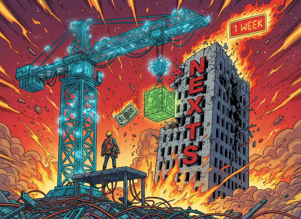 A tiny engineer rebuilding a massive framework with an AI crane in one week