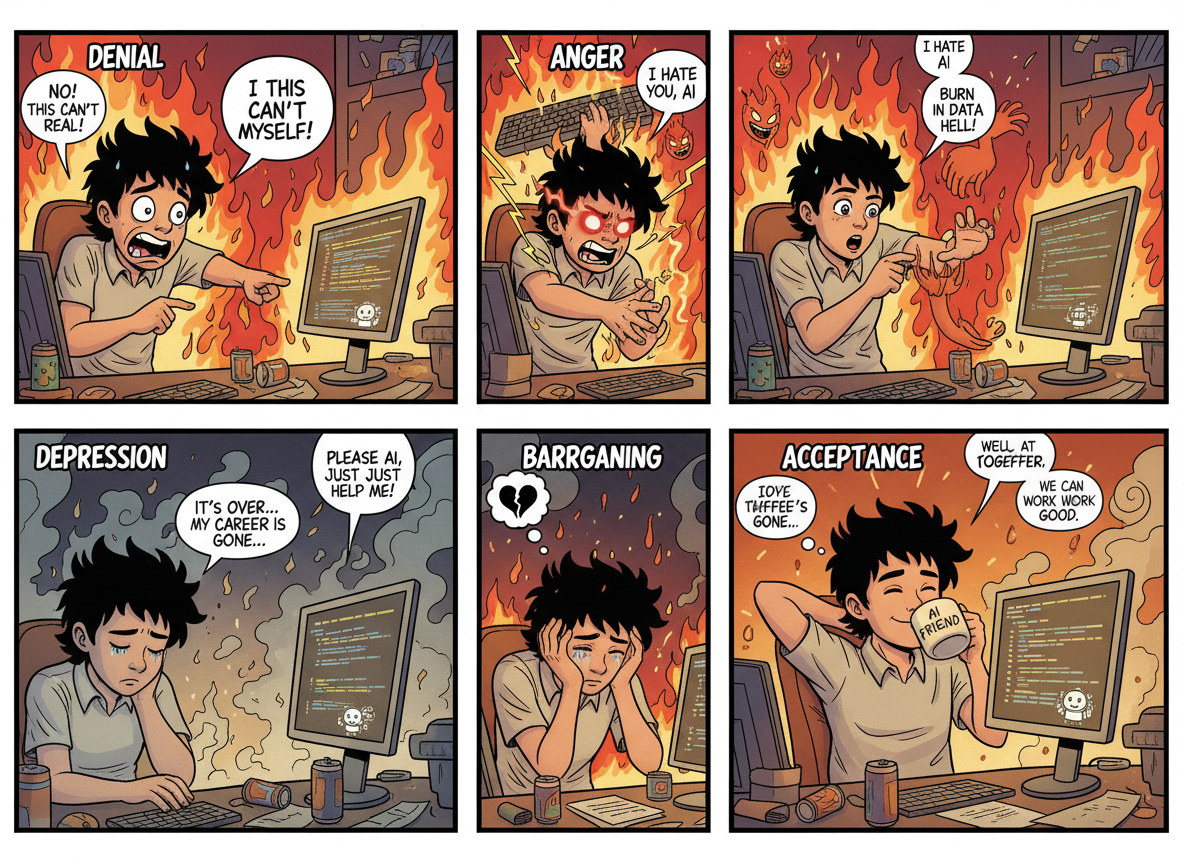 A developer going through the five stages of grief about AI writing their code